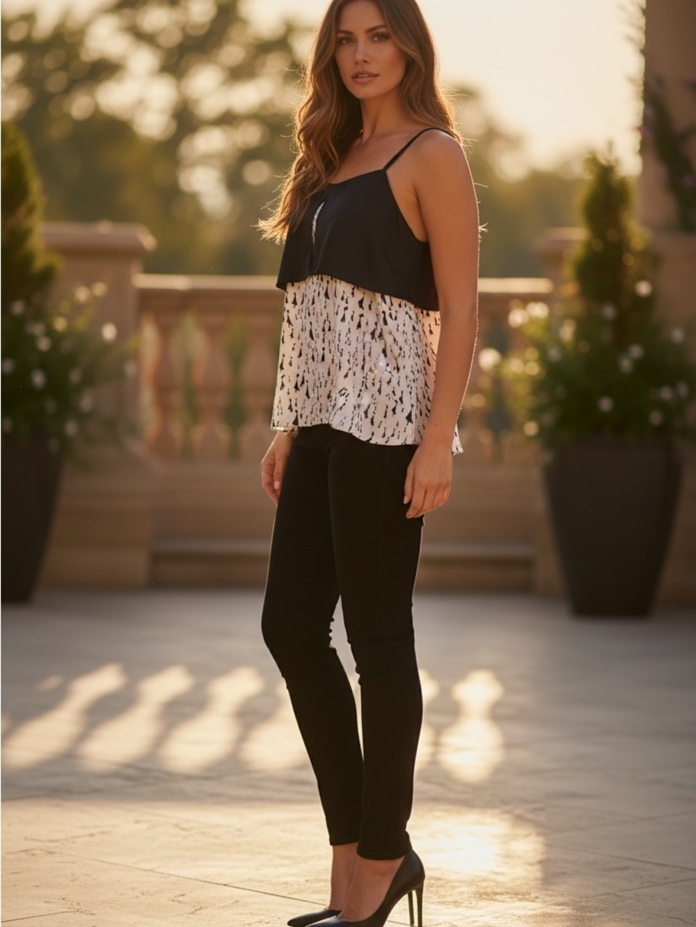 Anthropologie Girls From Savoy 100% Silk Layered Cami Tank Top Black Ivory
